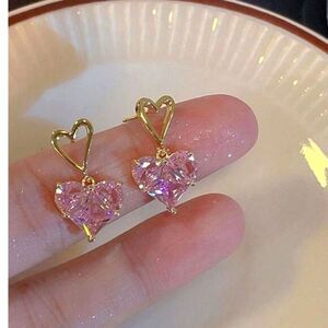 Gold Pink Glass Crystal Heart Drop Earrings Gemstone Dangle Pendant Romntc Charm